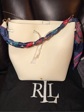 Ralph Lauren Cream Leather Bucket Bag with Navy Multicolor Scarf